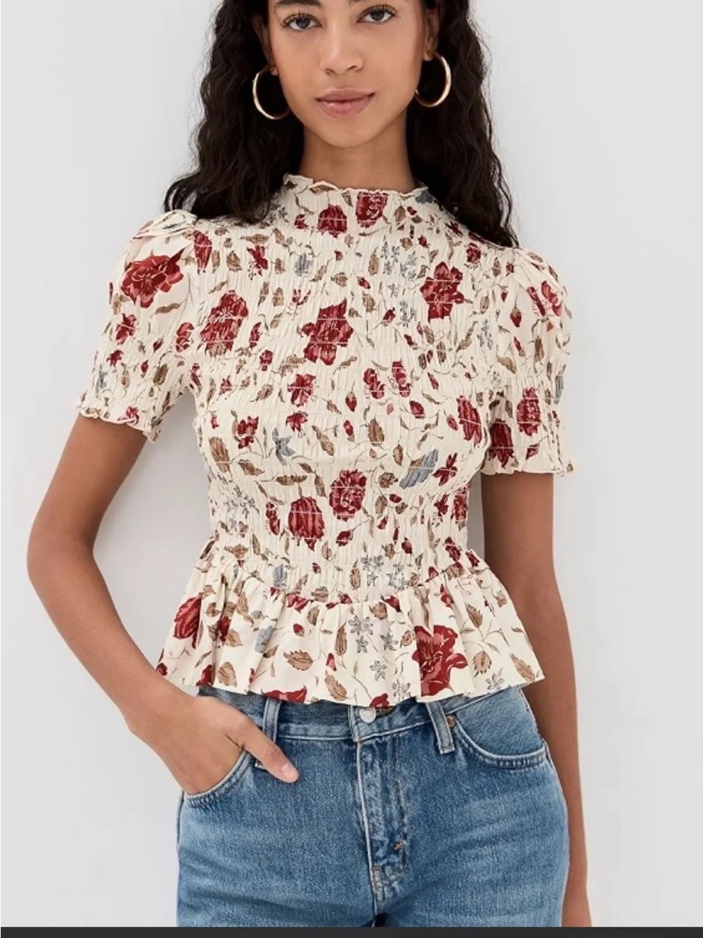 Reformation Cream Smocked Floral Peplum Top with Red Blooms